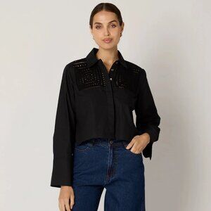 Cleobella Crochet Details Sierra Blouse Black Long Sleeve Boxy‎ Button Down L